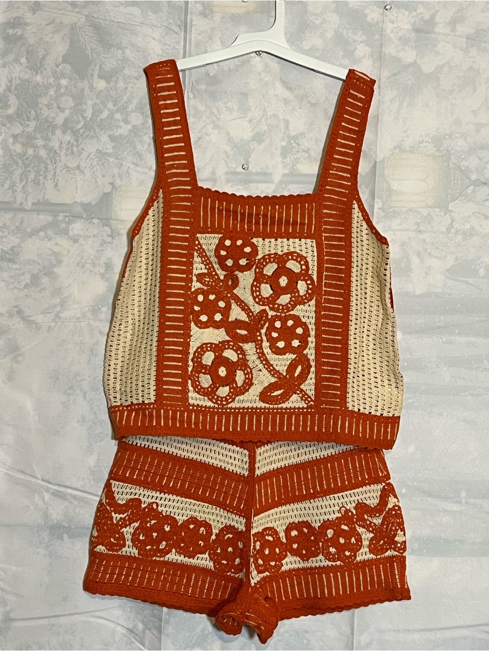 Crochet Floral Tank & Short Romper in Rust and Cream